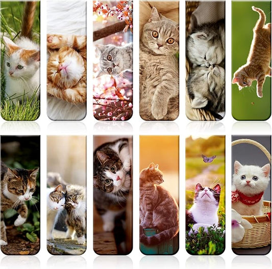 Zonon 12 Pieces Magnetic Bookmarks Cats Magnet Page Markers Assorted Cute Book Markers Clip Set for Teachers Students Reading School Office Home Supplies, 12 Styles