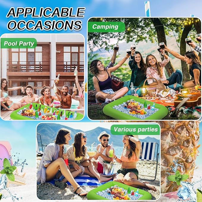 Leitee 4 Pcs Inflatable Ice Serving Bars Buffet Serving Tray Drink Cooler for Pool Party Inflatable Ice Tray Floating Food Drink Containers with Drain Plug and a Hand Pump, 2 Sizes (Green)