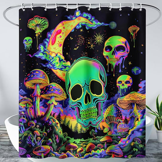 AILONEN Mushroom Skull Shower Curtain for Bathroom, Green Starry Moon Skull Bath Curtain,Fantasy Fungus Skeleton Decor Bathroom Waterproof Curtain with 12 Plastic Hooks, 36" W*72" H