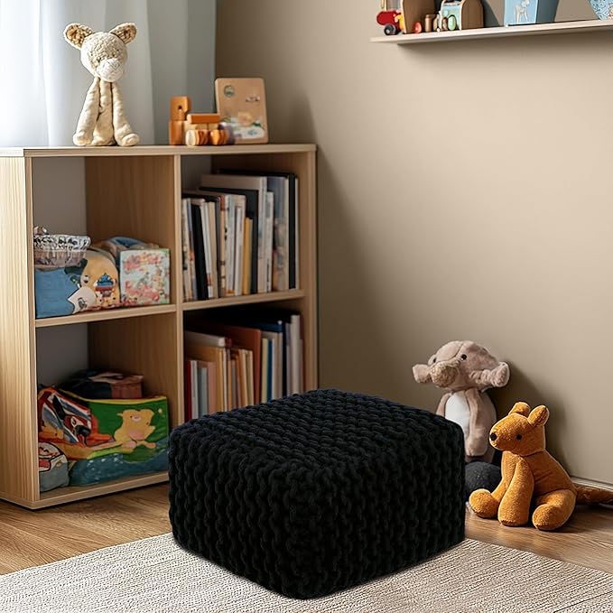 COTTON CRAFT Braided Footrest - Handknitted Cotton Cord Dori Foot Stool Ottoman - Low Floor Pouf - Lightweight Portable - Small Spaces Living Room Bedroom Entryway Under Desk - 14 x 8 Square - Black