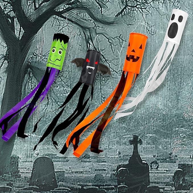 Whaline 4 Pieces Halloween Windsock Flag 39 Inch Spooky Cartoon Flag Wind Socks Pumpkin Bat Ghost Monster Outdoor Hanging Decoration for Home Yard Patio Lawn Garden Tree Party Decoration
