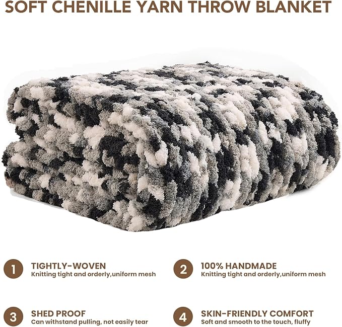 L'AGRATY Chunky Knit Blanket Throw: 60''x80'' Chenille Chunky Knitted Throw Blankets for Twin Bed Couch - Handmade Thick Cable Knit Blanket - Large Crochet Rope Blankets for Home Decor