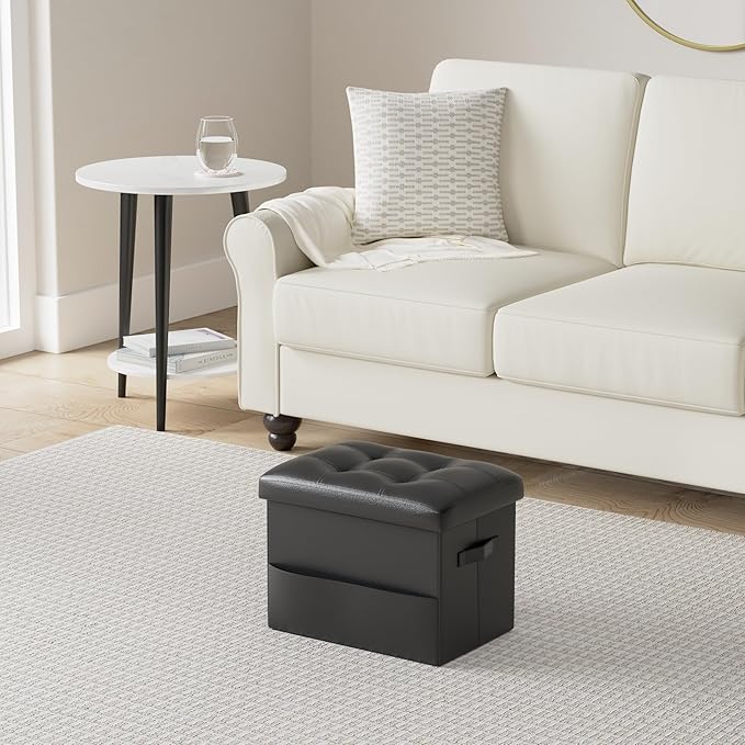 Storage Ottoman Foot Rest Stool with Thicker Foam Padded Seat. Foldable Leather Footstool Bench. Small Ottoman with Storage for Living Room Bedroom Coffee Table 350 lbs, 17x13x13in, Black