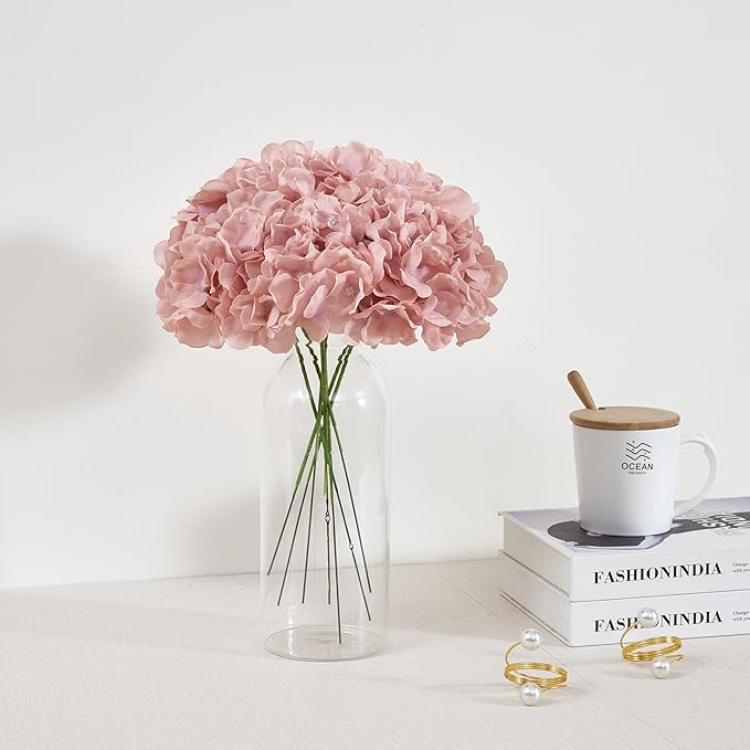 Dusty Rose Pink Artificial Hydrangea Flowers Heads 10 Fake Hydrangea Silk Flowers for Wedding Centerpieces Bouquets DIY Floral Decor Home Decoration with Stems(VASE NOT Included)