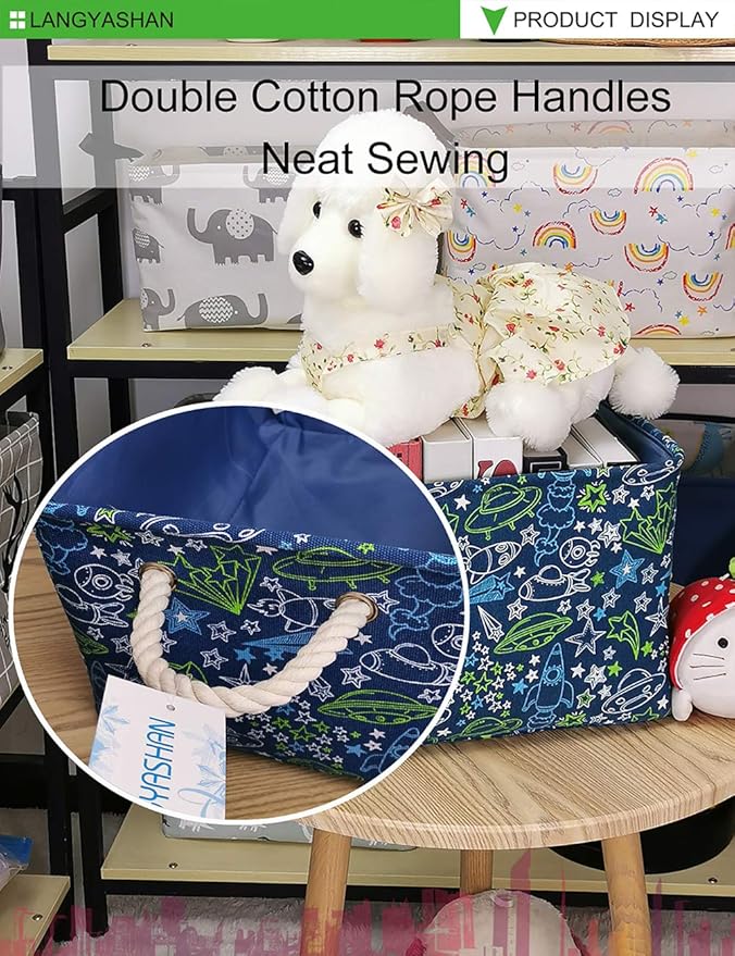 LANGYASHAN Rectangular Storage Bin Collapse Canvas Fabric Cartoon Storage Basket with Handles for Organizing Home Kitchen Boys and Girls Toys Office Closet Shelf Baskets (Full Spaceship)