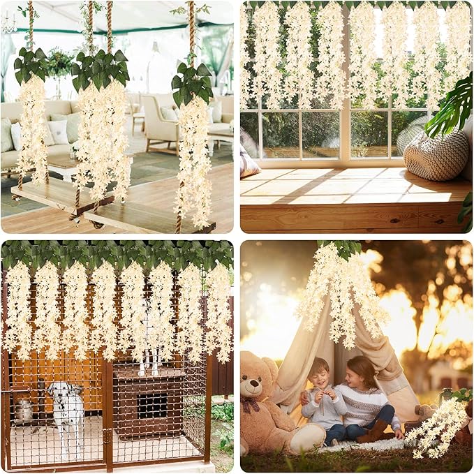 Artificial Lilac Flowers Garland 8Pcs-24Branches 33.5in Fake Syringa Wisteria Vines Faux Silk Lilac Hanging Floral Decoration for Indoor Outdoor Wedding Arch Birthday Party Garden Balcony (Champagne)