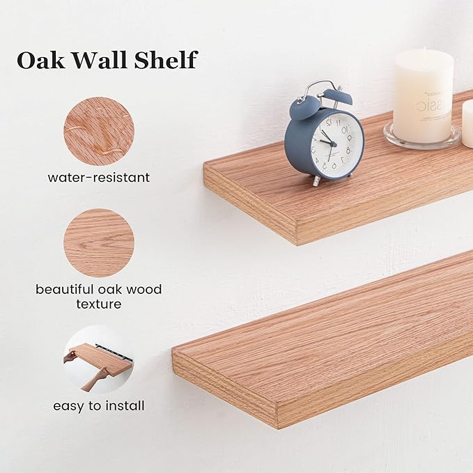 Fun Memories 8 Inch Deep Floating Shelves, Rustic Wood Floating Shelf Wall Mounted, 24 x 8 Wall Shelves Set of 2, Deep Floating Shelves for Bathroom, Living Room, Kitchen, Natural Oak Color