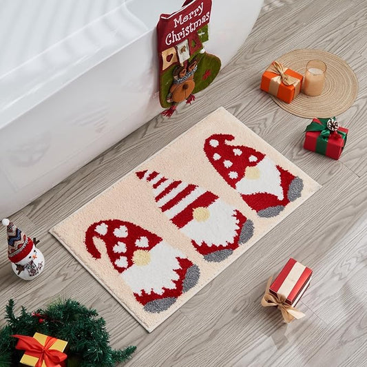 Douceur Christmas Gnome Bathroom Rugs, Cute Beige Bath Mat, Christmas Bathroom D cor Non Slip Bath Rugs, Soft and Absorbent Washable Rugs 24"X16"