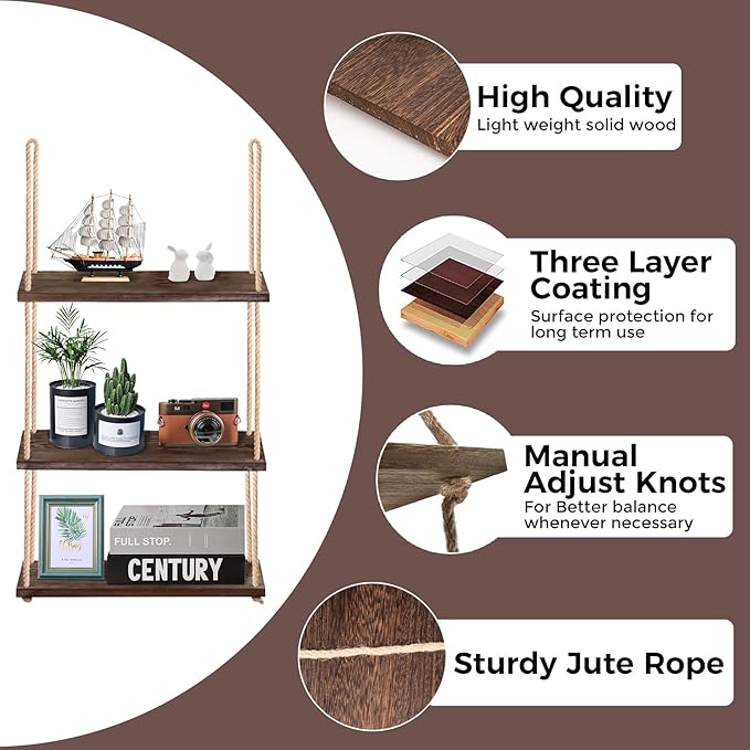 Hanging Shelf - 3-Tier Boho Wall Shelf for Plants Indoor - Wooden Decor Rope Shelf - Window Plant Hanger Home Farmhouse Bathroom Rustic Bedroom Decor