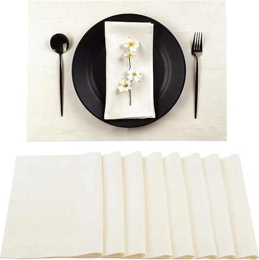 D'Moksha Homes Linen Ivory Placemats Set of 8-100% Pure Linen Placemats 14 x 19 Inch for Summer - Handcrafted and Machine Washable