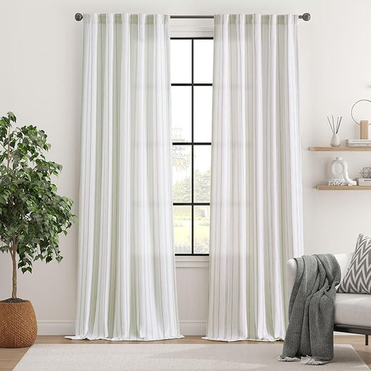 jinchan Green and White Striped Curtains 96 Inches Long for Living Room Bedroom Green on White Curtains Pinstripe Drapes Privacy Light Filtering Rod Pocket Modern Window Treatments Set 2 Panels