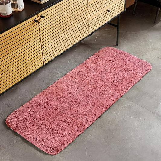TECHMILLY Super Soft Shaggy Bathroom Runner Rugs, Absorbent Thick Non Slip Microfiber Bath Rugs, Quick Dry Machine Washable Bath Mat for Hallway Bathroom Floor, Bathtub and Shower 17"x47" Pink