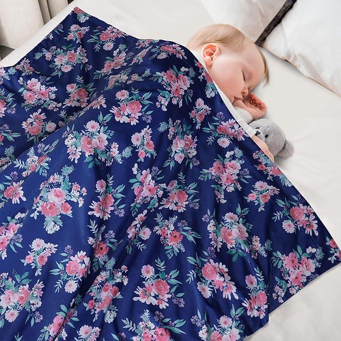 Minky Baby Throw Blanket for Girls, 50x60 Inches Soft Lightweight Micro Fleece Blanket with Double Layer, Dotted Backing, Breathable Receiving Blanket for Newborns, Navy Floral