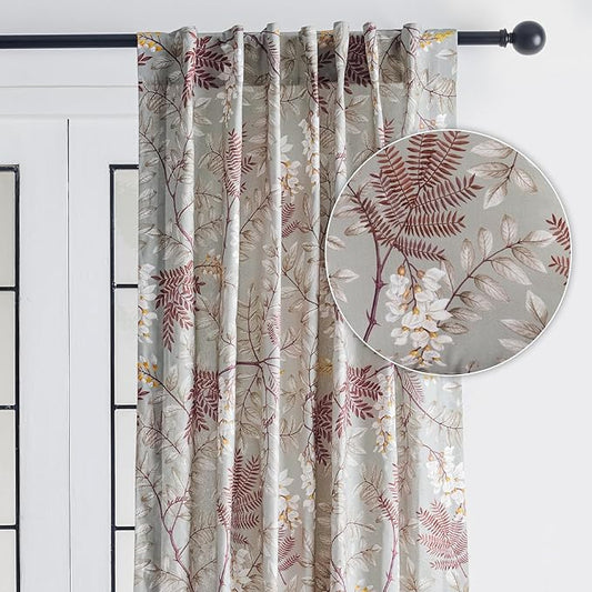 Maison d' Hermine Curtains for Living Room 100% Cotton 124 inch Length One Panel Light Filtering Curtains for Bedroom Windows with Rod and Loop Pockets Drapes (Feuillage Light Taupe, 50" W x 124" L)