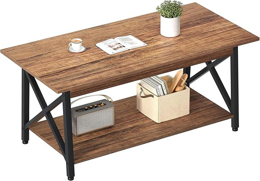 GreenForest Coffee Table with Storage, 43 inch Large Modern Coffee Tables for Living Room, X-Frame Design Farmhouse Coffee Table Space Saving Living Room Tables, Easy Assembly, Walnut