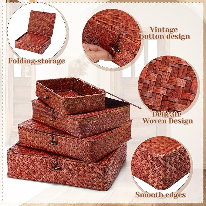 Set of 4 Seagrass Basket with Lid Wicker Storage Basket Decorative Storage Boxes with Lids Flat Storage Bins Woven Organizer Baskets for Shelf Closet Bedroom, 4 Sizes (Retro Red)