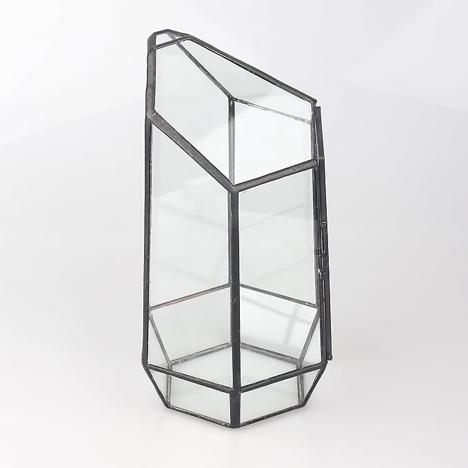 NCYP Small 5.1" x 5.1" x 8.66" Irregular Geometric Glass Terrarium Planter with Door - Home Tabletop Display Container Pot for Succulents, Cacti - Indoor Clear Decor, Black (No Plants)