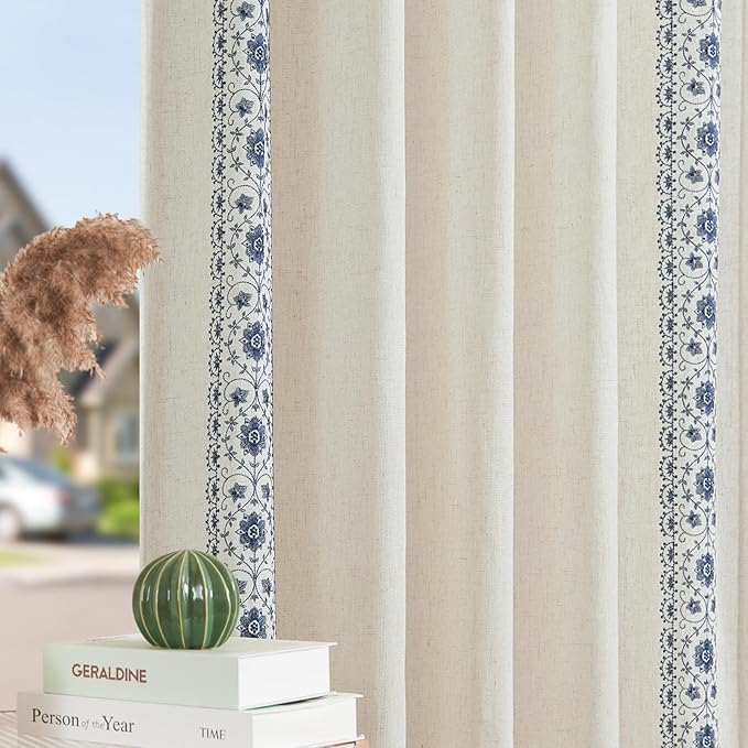 jinchan Boho Curtains for Bedroom Blue Vintage Floral Farmhouse Curtains 72 Inches Long Linen Blend Drapes for Living Room Embroidered Drapes Light Filtering Rod Pocket Blue on Beige 2 Panels