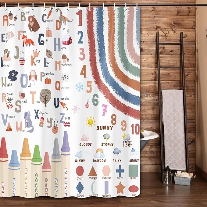 Kids Alphabet Shower Curtain, Funny Cartoon Animal ABC Learning Bath Curtain 72 x 78 Inch, Educational Boys Girls Children Bathroom Curatin Decoration Waterproof with Hooks Washable