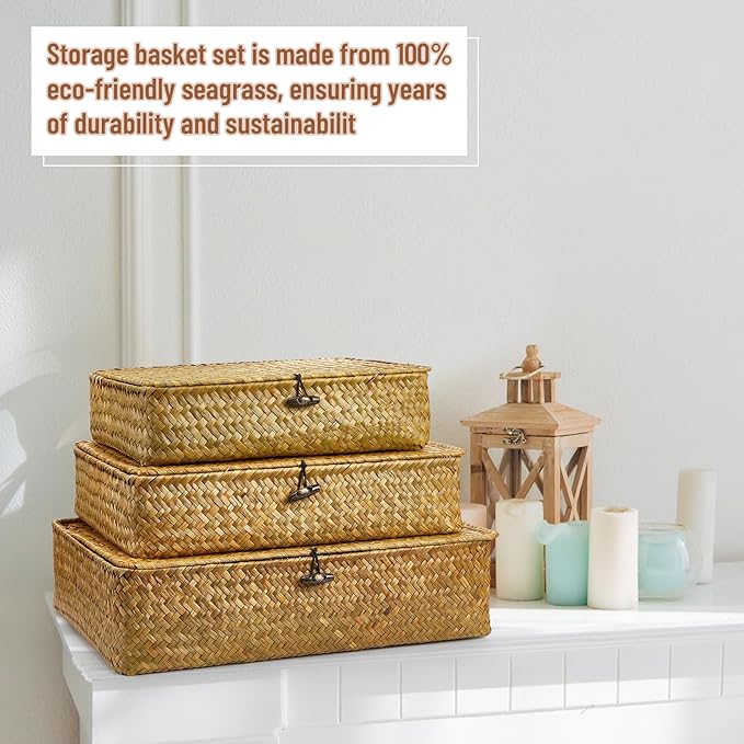 Set of 4 Seagrass Basket with Lid Wicker Storage Basket Decorative Storage Boxes with Lids Flat Storage Bins Woven Organizer Baskets for Shelf Closet Bedroom, 4 Sizes (Yellow)