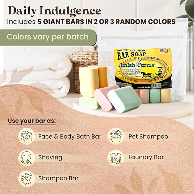 Amish Farms Soap Bar with All Natural Bentonite Clay | Made in USA, Vegan Moisturizing for Sensitive Skin | Women & Mens Face & Body Bath Soap for Shower | Clean Scent | 5 Ounce Each (5 Bars)
