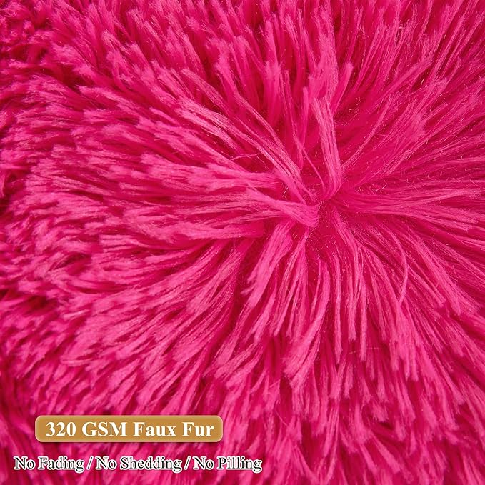 XeGe Fluffy Faux Fur Inflatable Pouf Ottoman, Soft Fuzzy Foot Stool Anti-Slip, Plush Foldable Foot Rest Floor Pouf for Kids Girls Adult, Cute Round Ottoman Cushion Living Room Bedroom, Hot Pink
