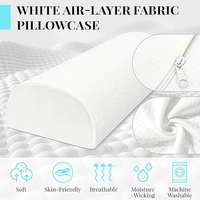 Knee Pillow for Side Sleepers Memory Foam Leg Pillows for Sleeping Yoga Bed Half Moon Bolster Pillow for Neck Pain Relief with Pillowcase 20.5x8x4.5 Inches(Air Layer White, Standard Size)