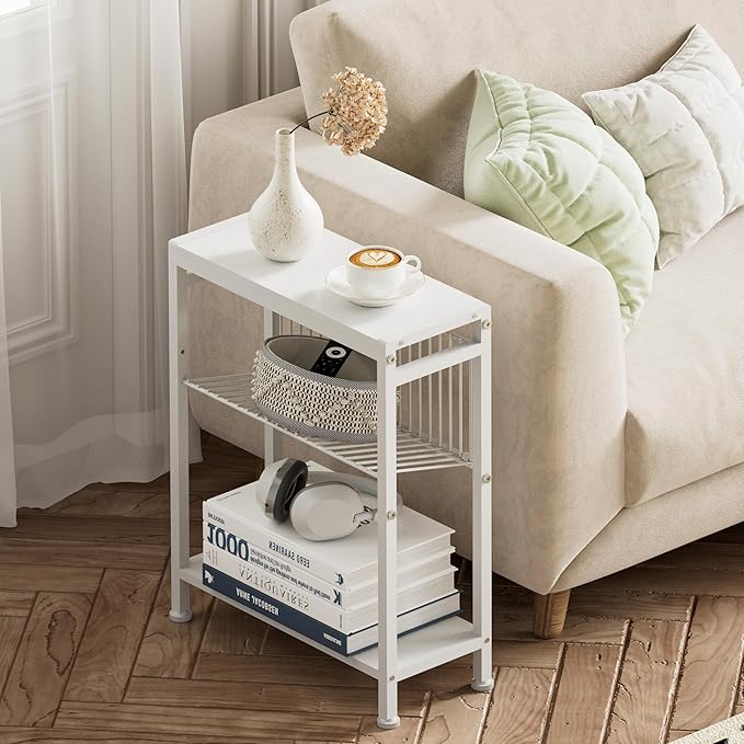 End Table Set of 2 for Small Space, 3-Tier Narrow Side Table with Magazine Holder,Small Nightstand, Skinny Snack Couch Table in Living Room, Bedroom Study and Balcony (White)