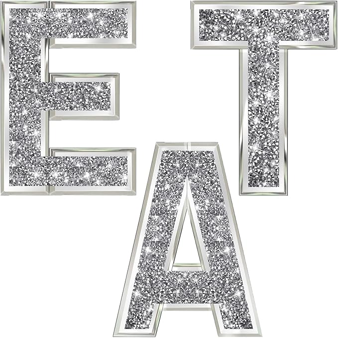 3 pcs Independent Letters EAT.Glam Crystal Diamond Letters.Silver Mirror Glass Home Decoration for Wall, Kitchen,Living Room, Fireplace, Bookshelf and Table.