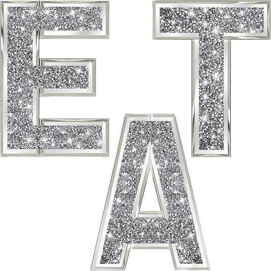 3 pcs Independent Letters EAT.Glam Crystal Diamond Letters.Silver Mirror Glass Home Decoration for Wall, Kitchen,Living Room, Fireplace, Bookshelf and Table.
