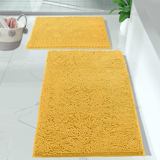 LuxUrux 2 piece Bathroom Rug Set - Premium Plush Bath Mat Shower Rugs, 1" Chenille Microfiber, Non-Slip & Absorbent, Soft & Cozy, Durable Stylish (20x30 & 16x24 inches, Yellow)