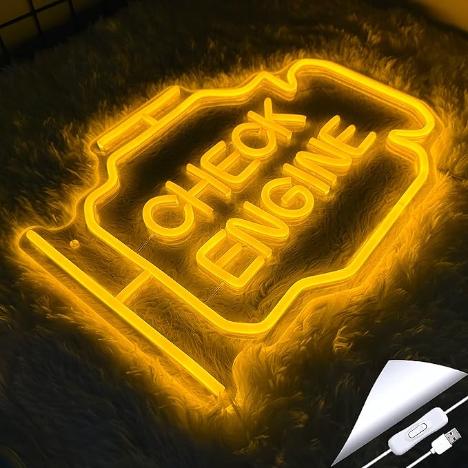 Check Engine Light Neon Signs for Wall Decor, LED Garage Neon Signs Wall Art Gifts for Dad, USB Powered for Man Cave Auto Repair Shop Workshop Party Birthday Gift(15.7x11.8in)