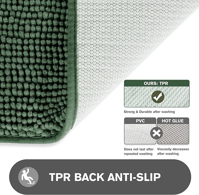 Dark Green Bathroom Rugs Sets 2 Piece – Absorbent and Washable Bath Mat, Non-Slip, Thick Soft Chenille Bath Rugs for Bathroom Floor, Shower, Sink - 17" x 24"+20" x 32"