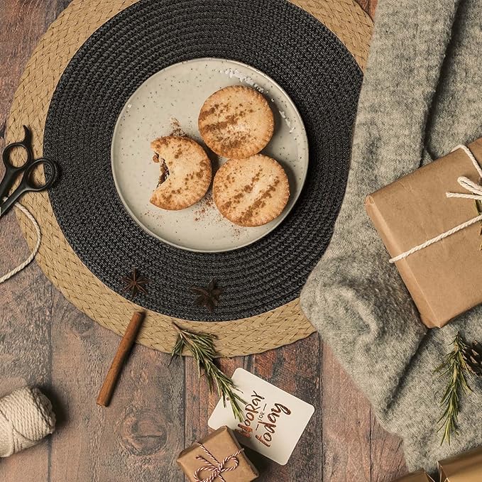Noctiflorous Round Braided Placemats Set of 6 Table Mats 15 Inches Washable Heat Resistant for Dining Table Non-Slip Indoor Outdoor Place Mats for Thanksgiving Christmas Easter(Black Wide Edge 6)