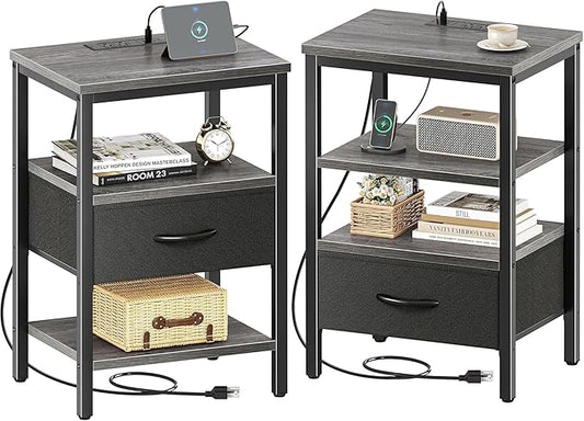 SUPERJARE Nightstand Set of 2, Bed Side Tables with Charging Station, Adjustable Fabric Drawer, Night Stand for Bedroom, 3-Tier Storage End Tables, for Living Room - Charcoal Gray 8030HC