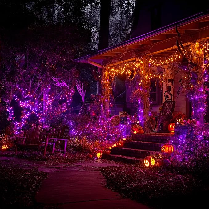 Dazzle Bright Halloween String Lights, 600 LED 196 FT Waterproof Green Wire String Lights with 8 Lighting Modes, Halloween Decorations Outdoor for Party Yard Garden Decor, Purple and Orange