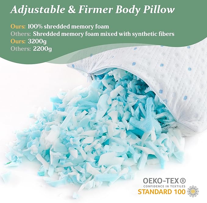 Cooling Body Pillow Firmer 3200g 100% Shredded Memory Foam Body Pillows for Adults Side Sleeper Pregnancy Full Body Pillow 20x54 inch Adjustable with Washable Cover