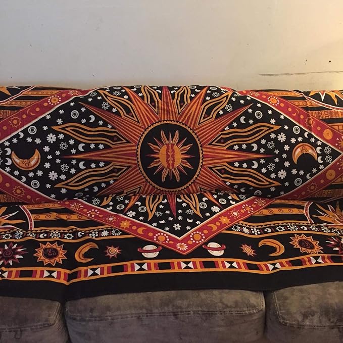 Hippie Mandala Sun and Moon Maditation Poster Wall Hanging Tapestry For Bedroom Indian Golden Burning Sun Stars Psychedelic Popular Mystic Beach Blanket 54 x 60 Inch