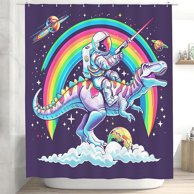 Dinosaur Shower Curtain for Bathroom, Dino Shower Curtain for Kids Boy,Astronaut Rides Dinosaur Polyester Shower Curtain Waterproof Washable Durable 12 Hooks 72"x72" Dinosaur Decor