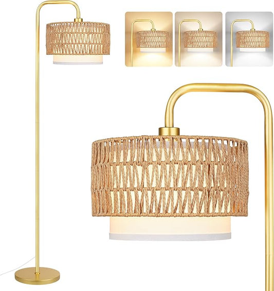 PARTPHONER Gold Floor Lamp for Living Room, Farmhouse Tall Lamp with 3 Color Temperatures Remote & Dimmable Bulb, Boho Lamp Rattan and Fabric Shades Bedroom Study Room Office Hotel