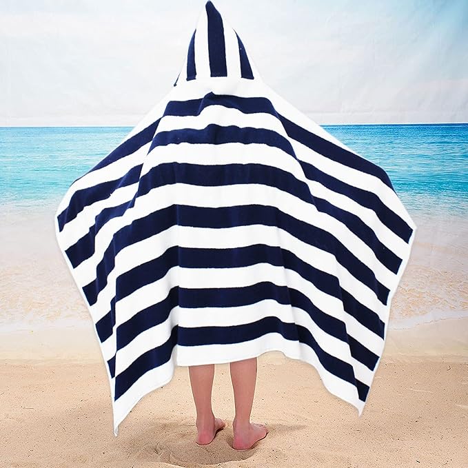 Hooded Bath Towel Wrap - 100% Cotton Terry Large Oversized Hooded Kids Towel - Toddler Shower Pool Beach Towel - Soft Plush Absorbent Quick Dry Easy Care Gift - 30x60- Cabana Stripe Blue
