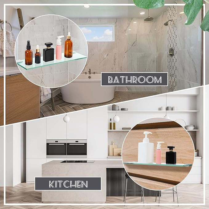 Tatuo 2 Pieces Bathroom Shelf Tempered Glass Shelf for Bathroom, 304 Stainless Steel Wall Mount Floating Glass Shelves (15.8 Inch)