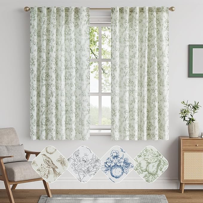 jinchan Linen Floral Curtains for Living Room 63 Inch Long Sage Green Printed Flower French Country Curtain Farmhouse Cottage Core Toile Curtains Back Tab Light Filtering Window Drapes Set 2 Panels