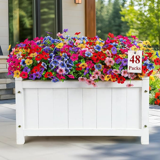 48 Bundles Artificial Flowers for Outdoors Decoration, UV Resistant Silk Violet with Leaf Grass and Eucalyptus Spring Fake Plants for Outside Indoor Yard Home Patio Porch Decor, Mix 6 Colors