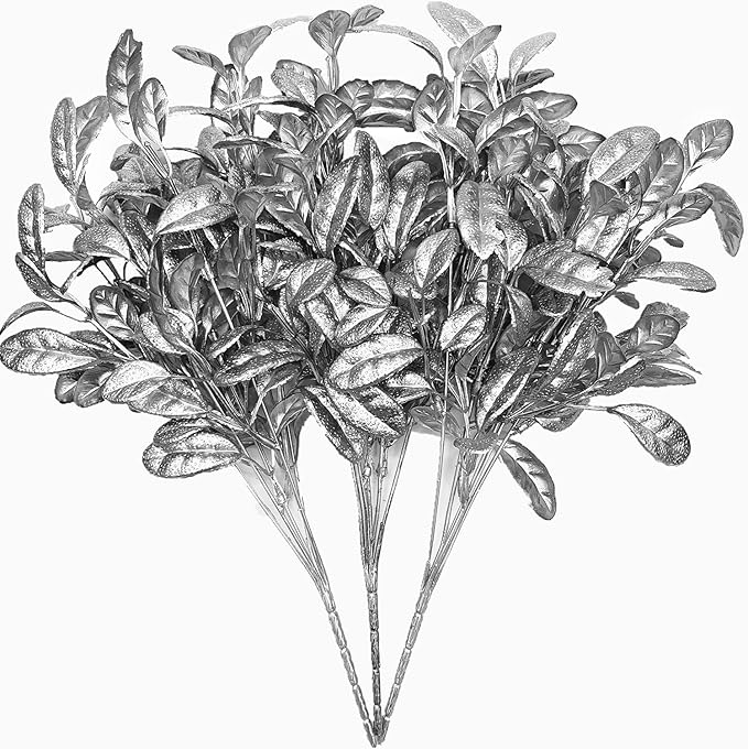 CATTREE Fake Silver Plants for Christmas Decor, Artificial Plant Plastic Grass Faux Leaves Shrubs Simulation for Indoor Outdoor Home Party Hall Office Table Décor Planter Filler - 3 Pack