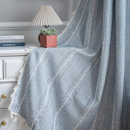 ColorBird Boho Curtains for Living Room, 2 Panels 63 inch Blue Darkening Drapes, Embroidered Striped Farmhouse Sliding Door Vintage Bohemian Curtain for Bedroom