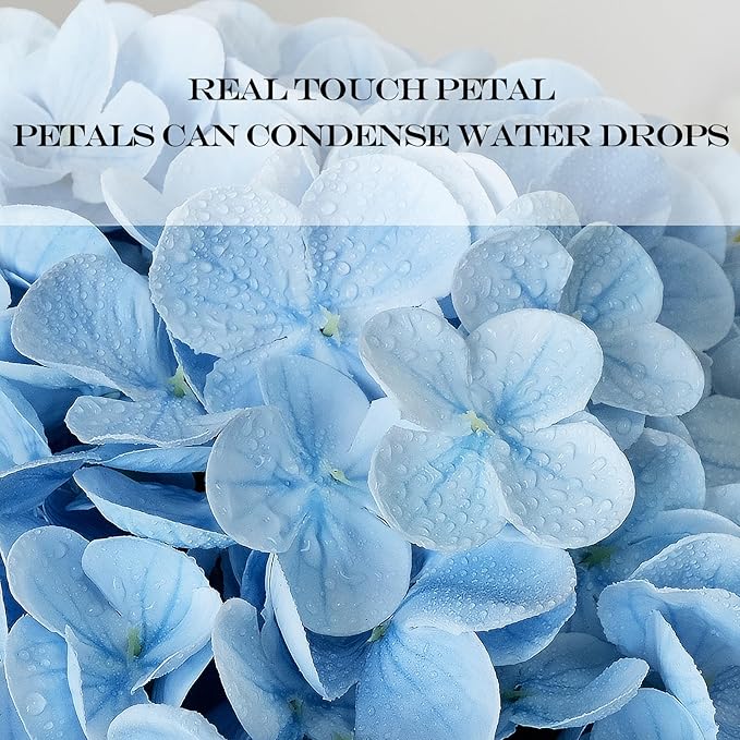 Light Blue Flowers Real Touch Artificial Hydrangeas, 3Pcs 21”Large Royal Latex Silk Flowers,Long Stems Fake Flower Bouquet for Centerpieces Table Home Party