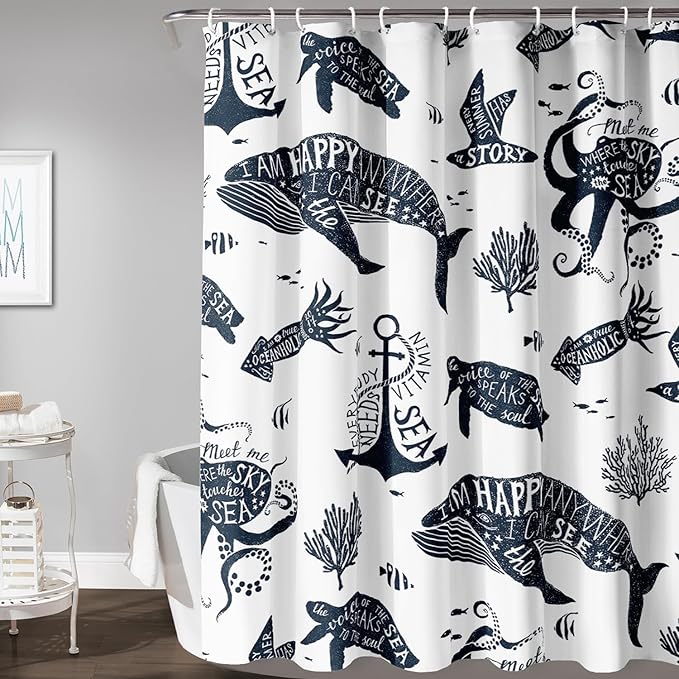 AILONEN Whale Shower Curtain Cartoon Gull Sea Turtle Octopus Bath Curtain Ocean Animal Blue Printed Shower Curtain 60" W*72" H Minimalist Bathroom Curtain Polyester Waterproof Curtain with 12 Hooks