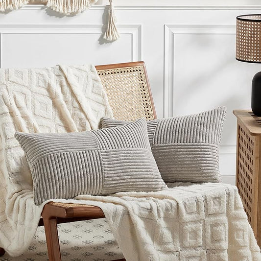 Fancy Homi 2 Packs Neutral Grey Long Lumbar Decorative Throw Pillow Covers 16x24 Inch for Couch Bed Sofa, Rustic Farmhouse Boho Home Decor, Soft Striped Corduroy Rectangle Accent Cushion Case 40x60 cm