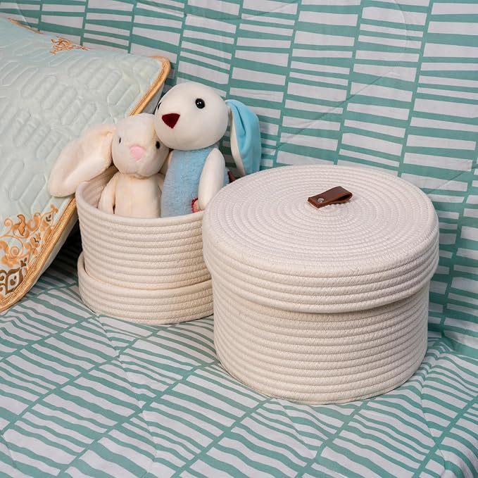 Cotton Basket Set of 2, Round, White, with Genuine Leather Handles, Lidded Storage Baskets for Organizing
